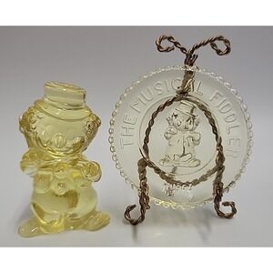 Vtg Mosser Glass Little Fiddler Clown Tuffy Yellow w. Matching Plate‎
